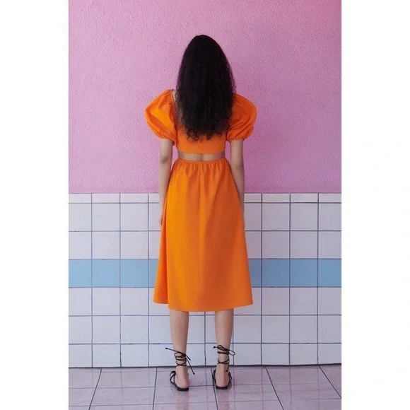 Zara Orange Puff Sleeve Cut Out Dress - Picture 2 of 5